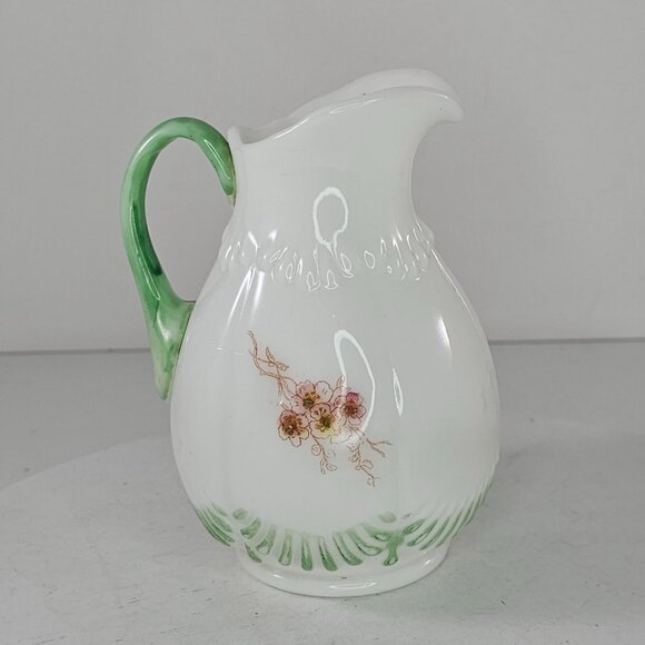 Antique Floral Porcelain Pitcher With Green Handle & Embossed Details - Picture 3 of 8